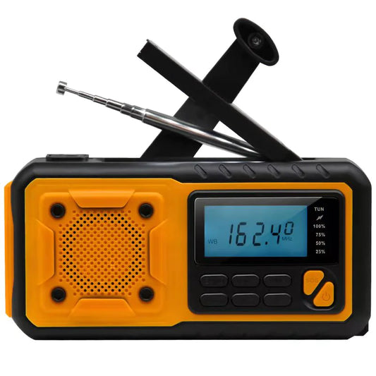 Orange and black handheld radio with antennas on a white background
