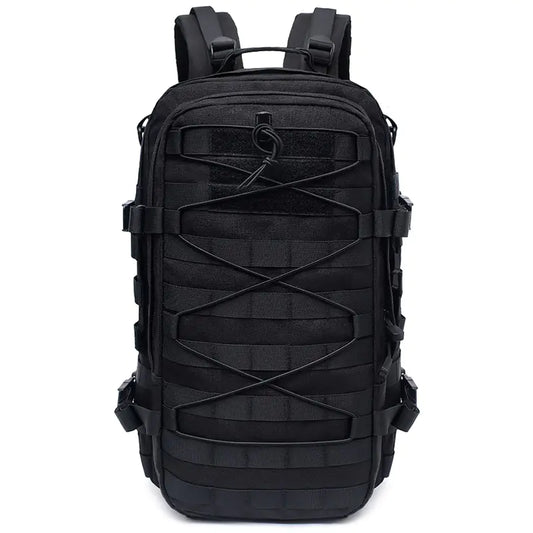 Black tactical backpack on a white background