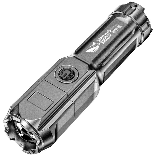 Silver flashlight with a brand logo on a white background