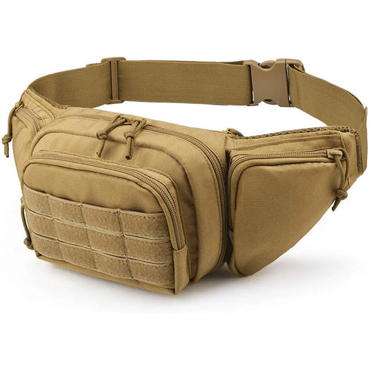 Tan waist bag with multiple pockets and straps on a white background