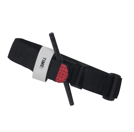 Black belt with a red and white label on a white background