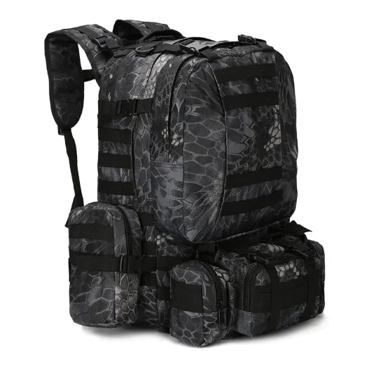 Black tactical backpack with multiple pouches on a white background